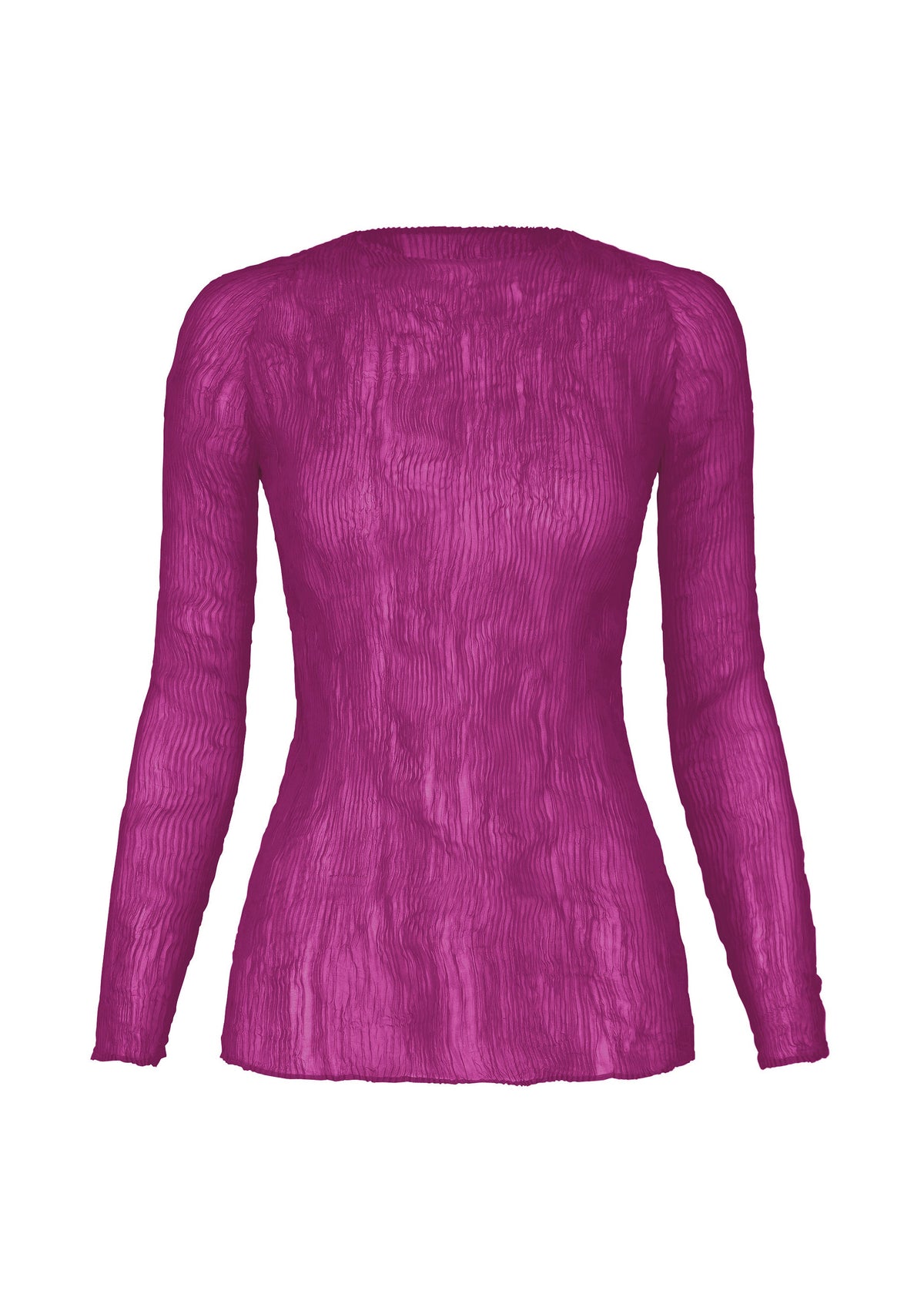 The CHIFFON TWIST 2 by ISSEY MIYAKE is a pleated, long-sleeved magenta top with a crinkled texture, made from recycled polyester and shown on a plain white background. view 3 of 7