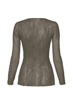 The ISSEY MIYAKE CHIFFON TWIST 2 is a sheer, long-sleeved pleated top in crinkled brown recycled polyester, shown from the back against a white background.