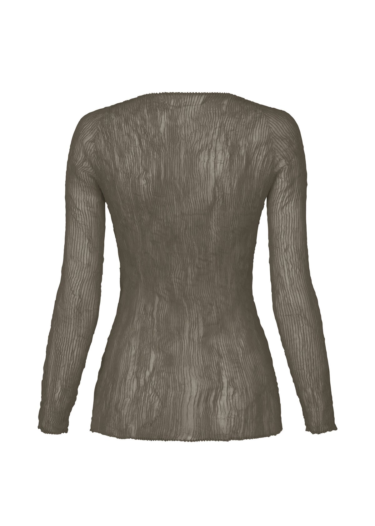 Zoomed view The ISSEY MIYAKE CHIFFON TWIST 2 is a sheer, long-sleeved pleated top in crinkled brown recycled polyester, shown from the back against a white background.