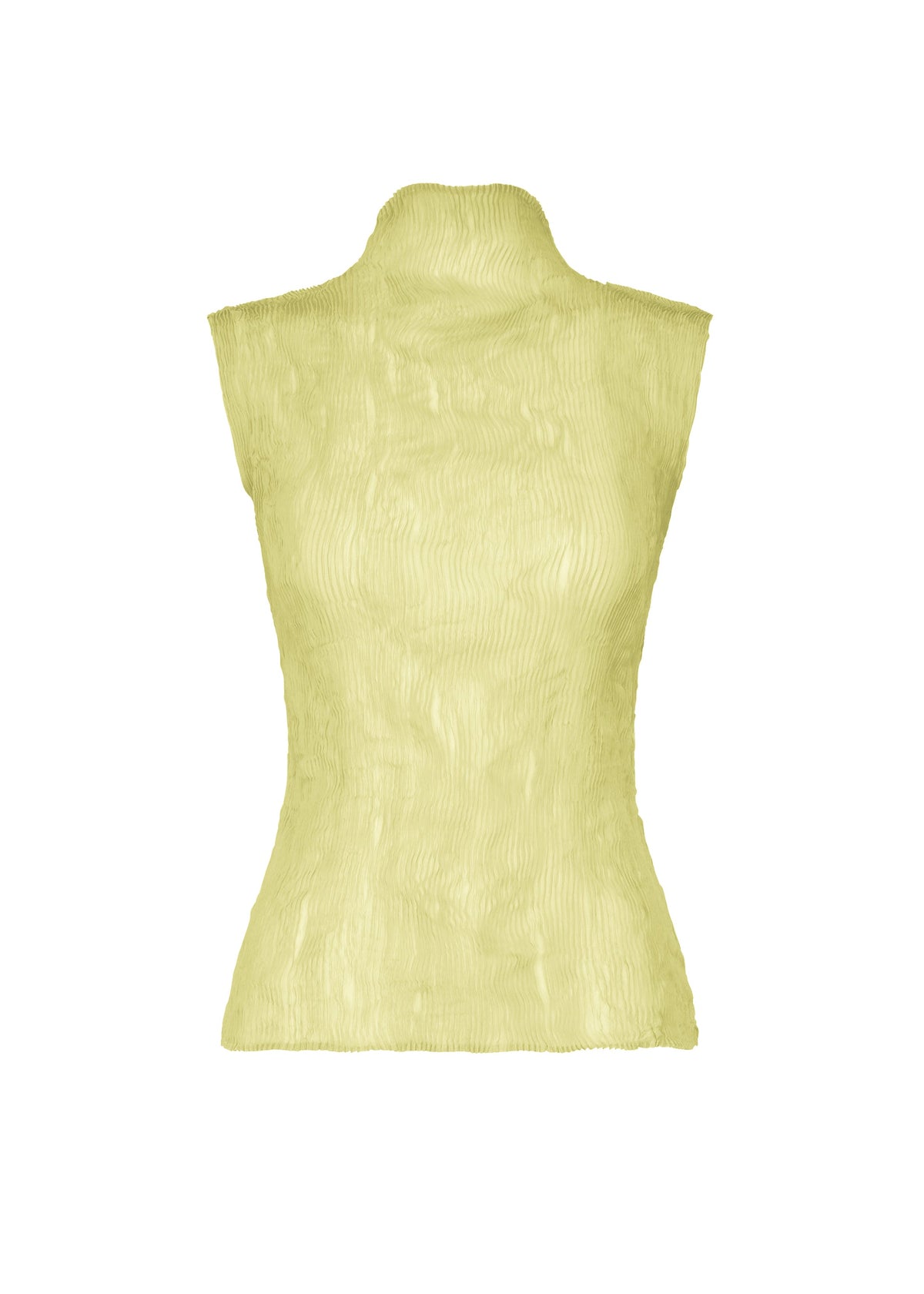 The CHIFFON TWIST 1 by ISSEY MIYAKE is a high-neck, sleeveless top in light yellow with a textured, fitted silhouette made from recycled polyester, shown against a plain white background. view 1 of 7