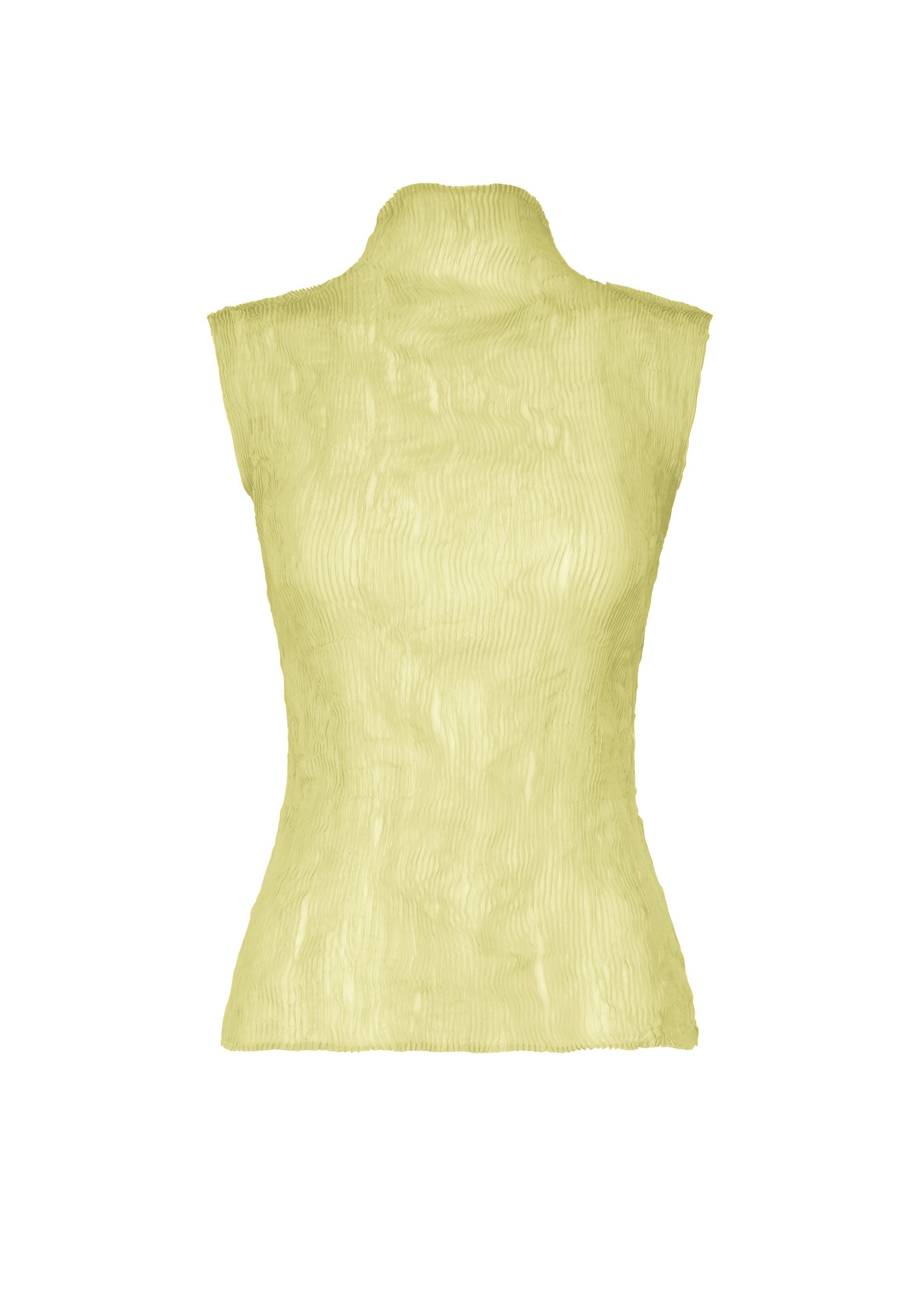 Zoomed view The CHIFFON TWIST 1 by ISSEY MIYAKE is a high-neck, sleeveless top in light yellow with a textured, fitted silhouette made from recycled polyester, shown against a plain white background. - DULL CREAM （no.50）