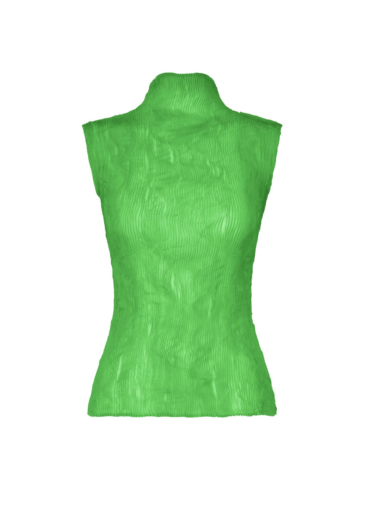 The ISSEY MIYAKE CHIFFON TWIST 1 is a green high-neck sleeveless top made from recycled polyester with a pleated, semi-sheer texture, shown against a white background. view 2 of 7