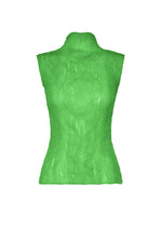 The ISSEY MIYAKE CHIFFON TWIST 1 is a green high-neck sleeveless top made from recycled polyester with a pleated, semi-sheer texture, shown against a white background. - GREEN （no.62）