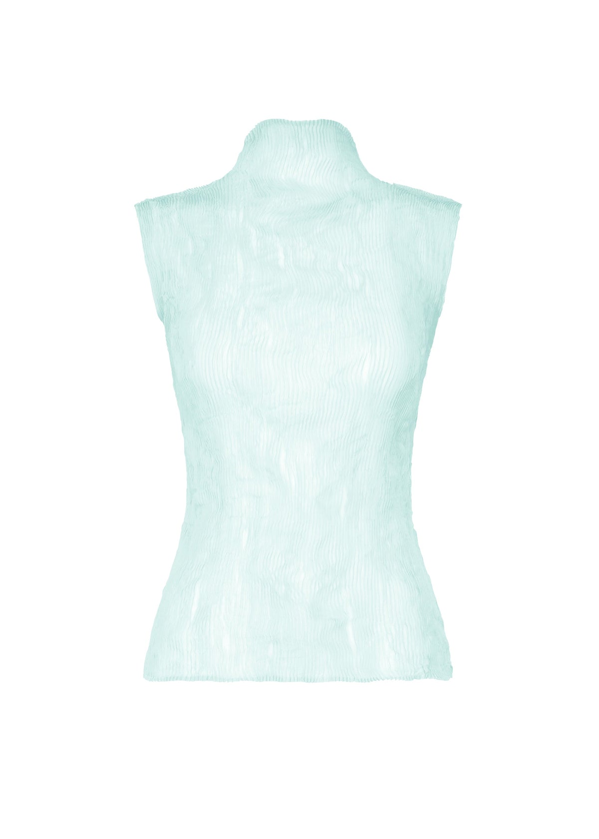 The CHIFFON TWIST 1 by ISSEY MIYAKE is a light blue, high-neck sleeveless top with a fitted silhouette, made from recycled polyester semi-sheer crinkled fabric, shown against a white background. view 3 of 7