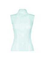 The CHIFFON TWIST 1 by ISSEY MIYAKE is a light blue, high-neck sleeveless top with a fitted silhouette, made from recycled polyester semi-sheer crinkled fabric, shown against a white background. - LIGHT BLUE （no.71）