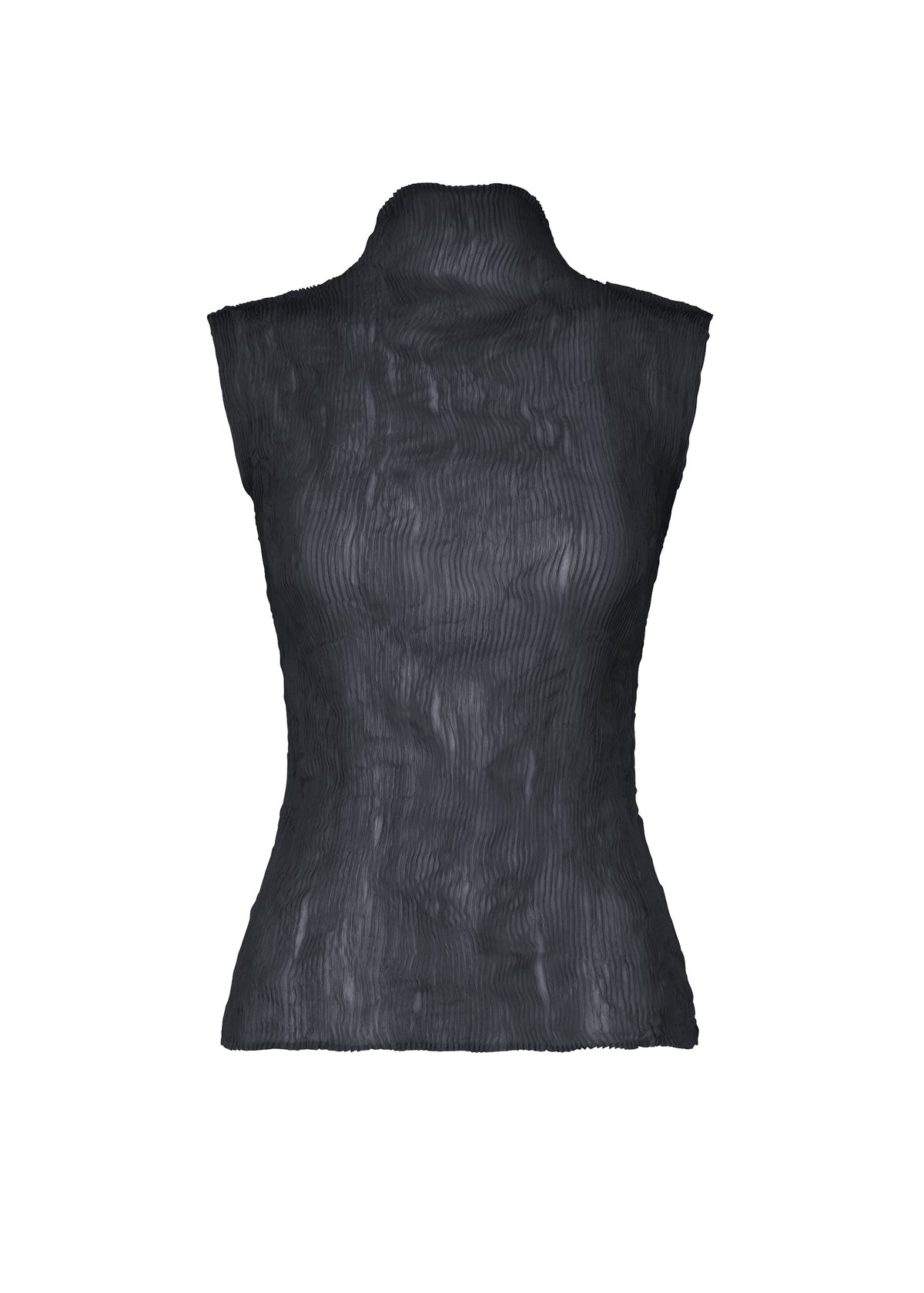 The ISSEY MIYAKE CHIFFON TWIST 1 is a black high-neck, sleeveless top crafted from semi-sheer, pleated crinkled recycled polyester, shown against a white background. view 4 of 7