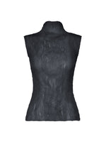 The ISSEY MIYAKE CHIFFON TWIST 1 is a black high-neck, sleeveless top crafted from semi-sheer, pleated crinkled recycled polyester, shown against a white background. - DARK NAVY （no.78）