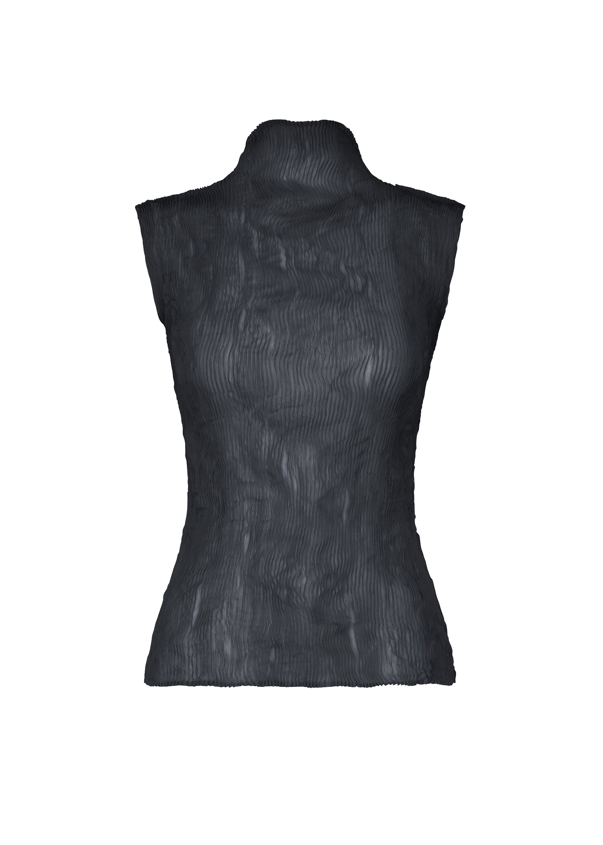 Zoomed view The ISSEY MIYAKE CHIFFON TWIST 1 is a black high-neck, sleeveless top crafted from semi-sheer, pleated crinkled recycled polyester, shown against a white background. - DARK NAVY （no.78）