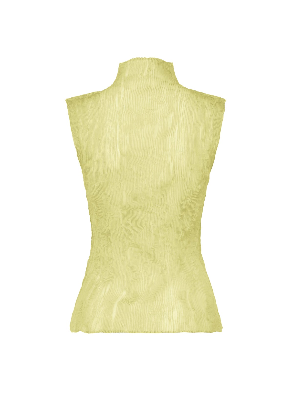 The ISSEY MIYAKE CHIFFON TWIST 1 is a high-neck, sleeveless light yellow top in recycled polyester with a textured finish and pleated sheer details, shown from the back against a white background. view 5 of 7
