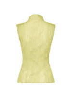 The ISSEY MIYAKE CHIFFON TWIST 1 is a high-neck, sleeveless light yellow top in recycled polyester with a textured finish and pleated sheer details, shown from the back against a white background.