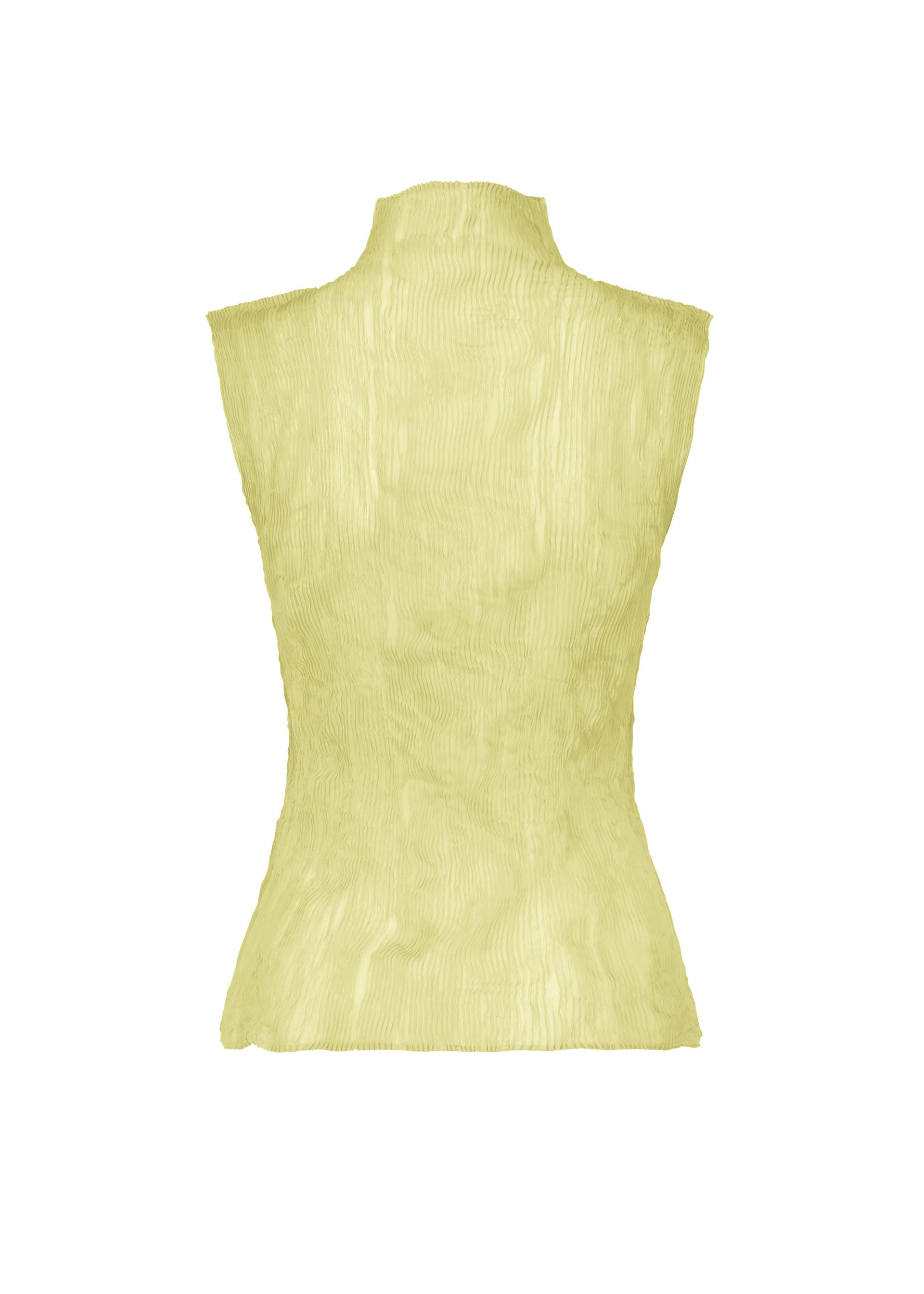 Zoomed view The ISSEY MIYAKE CHIFFON TWIST 1 is a high-neck, sleeveless light yellow top in recycled polyester with a textured finish and pleated sheer details, shown from the back against a white background.