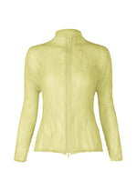 The CHIFFON TWIST 1 by ISSEY MIYAKE is a light yellow, long-sleeve zip-up cardigan featuring a high collar and textured pleated fabric crafted from recycled polyester. - DULL CREAM （no.50）