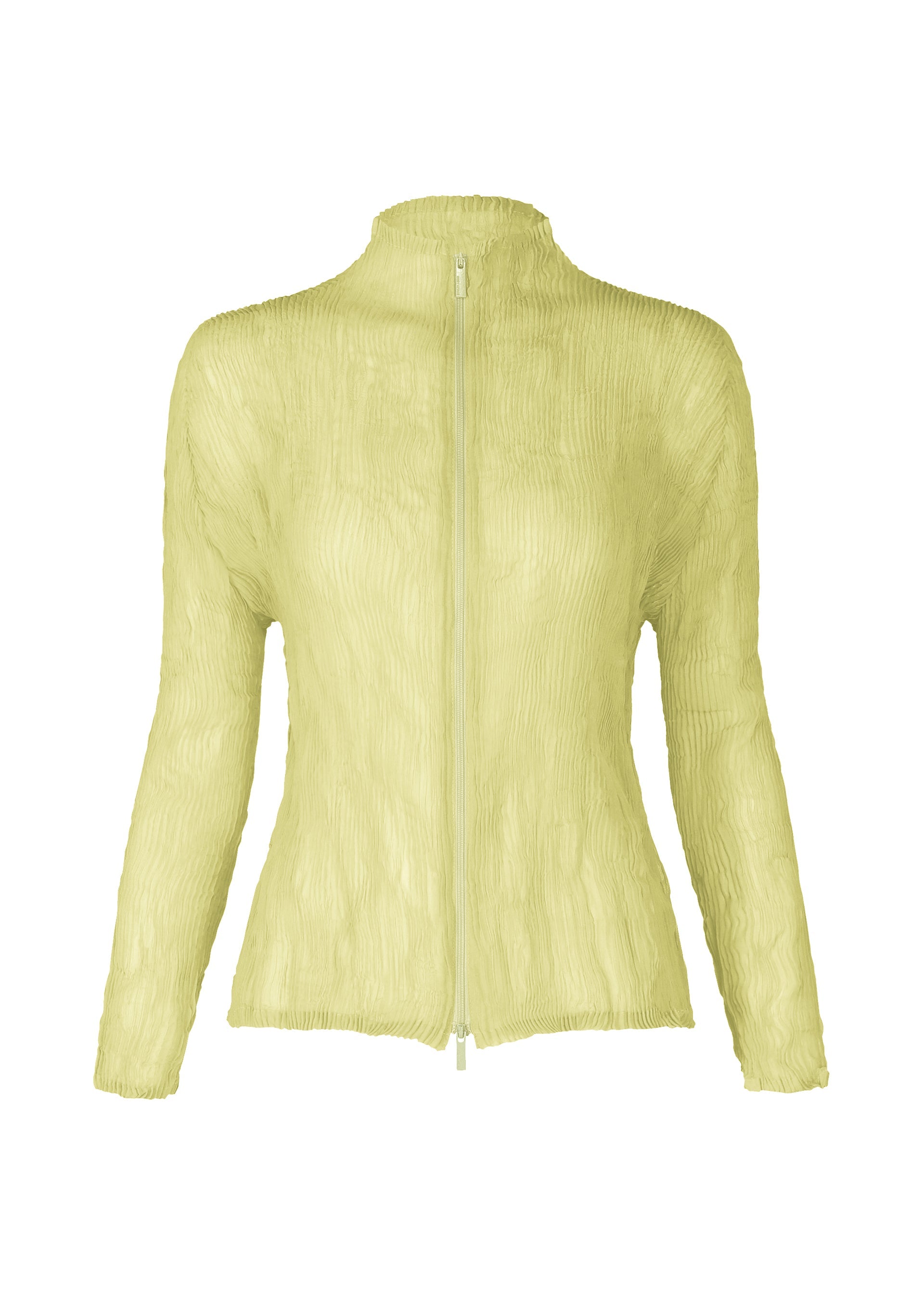 Zoomed view The CHIFFON TWIST 1 by ISSEY MIYAKE is a light yellow, long-sleeve zip-up cardigan featuring a high collar and textured pleated fabric crafted from recycled polyester. - DULL CREAM （no.50）