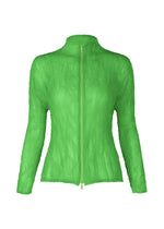 The ISSEY MIYAKE CHIFFON TWIST 1 is a bright green, high-collar, long-sleeve pleated zip-up cardigan made from recycled polyester, shown against a plain white background. - GREEN （no.62）