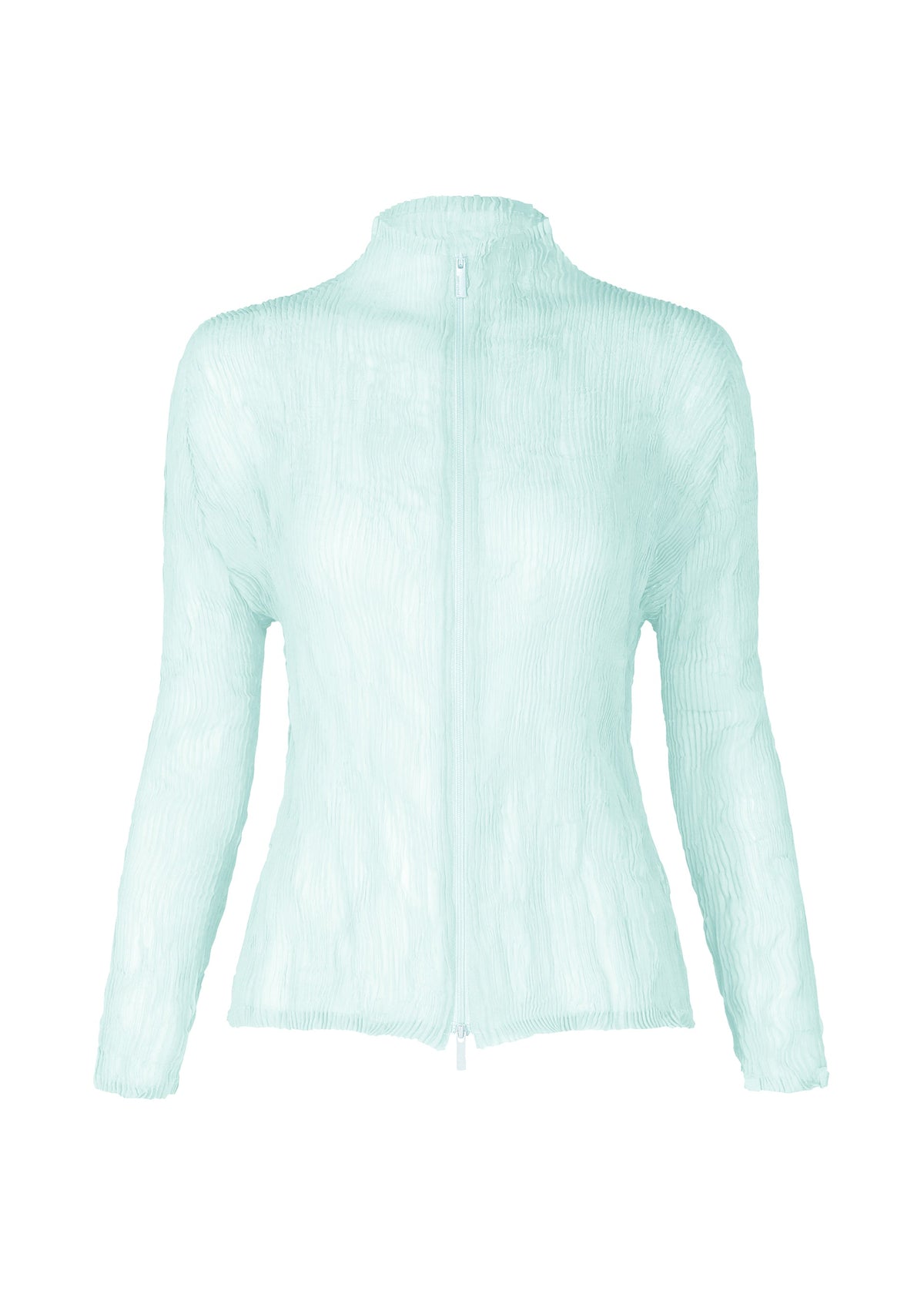 The ISSEY MIYAKE CHIFFON TWIST 1 is a light blue, long-sleeve zip-up cardigan with a high collar and pleated crinkled fabric. Made from recycled polyester, this slim-fit jacket has a sleek silhouette without pockets or embellishments. view 3 of 7