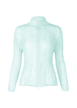 The ISSEY MIYAKE CHIFFON TWIST 1 is a light blue, long-sleeve zip-up cardigan with a high collar and pleated crinkled fabric. Made from recycled polyester, this slim-fit jacket has a sleek silhouette without pockets or embellishments. - LIGHT BLUE （no.71）