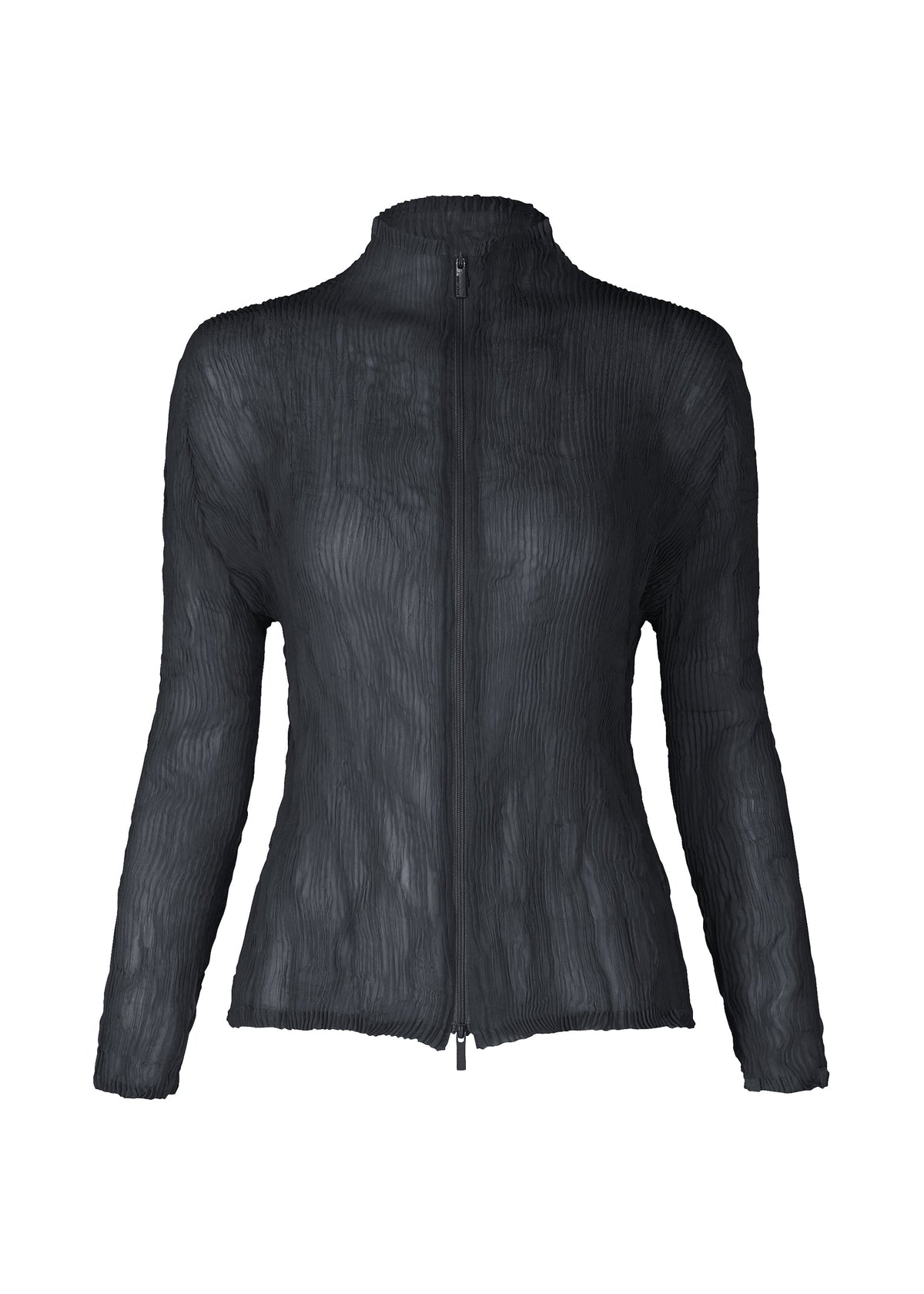 The ISSEY MIYAKE CHIFFON TWIST 1 is a black, long-sleeve zip-up jacket with a high collar and pleated, crinkled texture, crafted from recycled polyester. Displayed on a plain white background. view 4 of 7