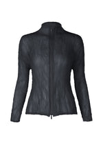 The ISSEY MIYAKE CHIFFON TWIST 1 is a black, long-sleeve zip-up jacket with a high collar and pleated, crinkled texture, crafted from recycled polyester. Displayed on a plain white background. - DARK NAVY （no.78）
