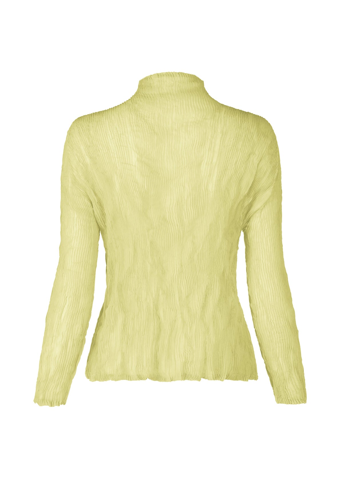 The ISSEY MIYAKE CHIFFON TWIST 1 is a light yellow, long-sleeve, high-neck top made from pleated, textured fabric with a fitted silhouette and flared hem. Crafted using recycled polyester for sustainability. Shown from the back view. view 5 of 7
