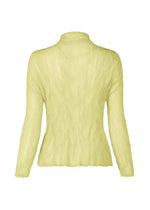 The ISSEY MIYAKE CHIFFON TWIST 1 is a light yellow, long-sleeve, high-neck top made from pleated, textured fabric with a fitted silhouette and flared hem. Crafted using recycled polyester for sustainability. Shown from the back view.