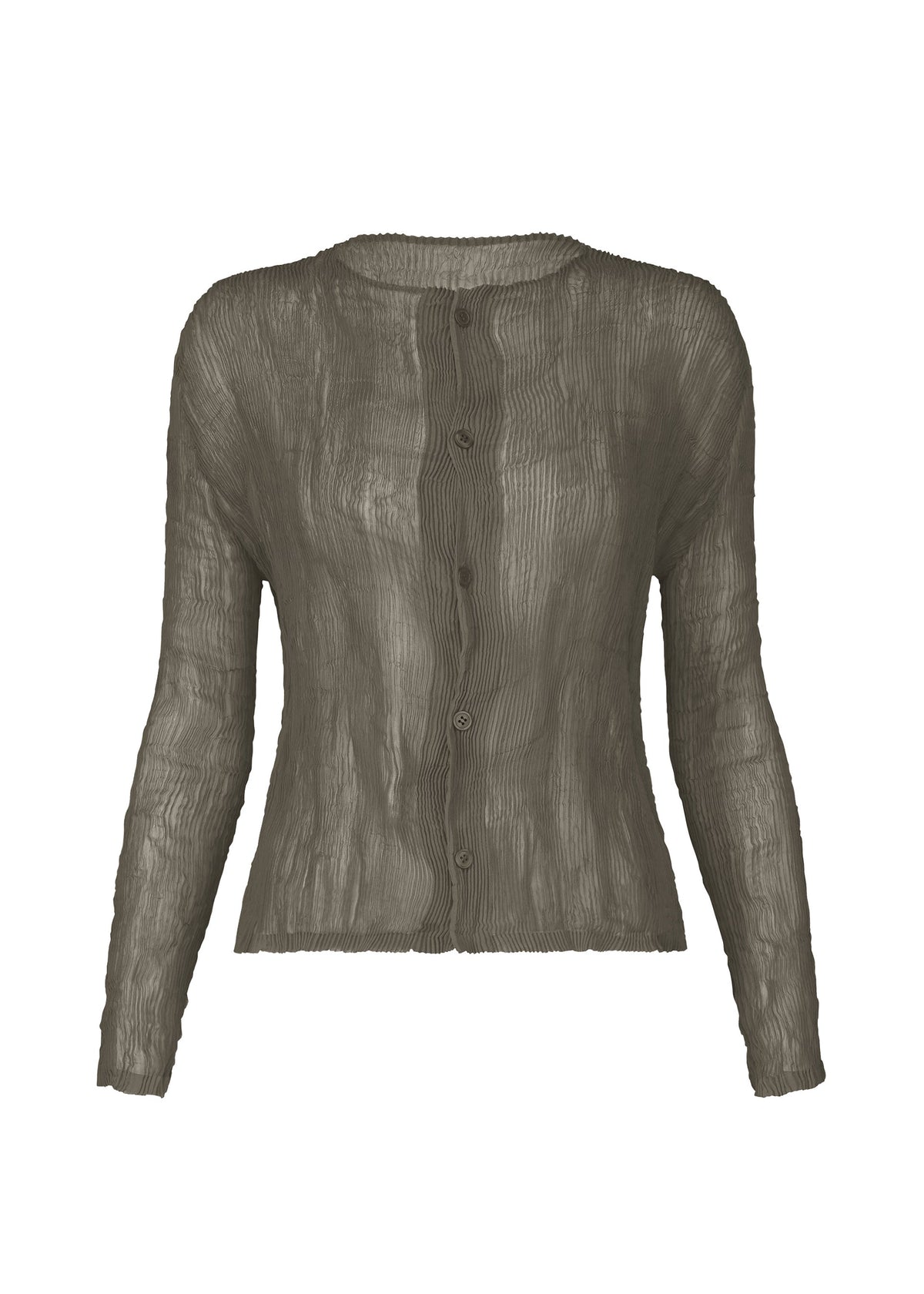 Zoomed view Sheer, long-sleeve, button-up pleated cardigan in muted brownish-gray CHIFFON TWIST 2 by ISSEY MIYAKE, made of lightweight crinkled fabric and shown on a white background. - GRAY （no.12）