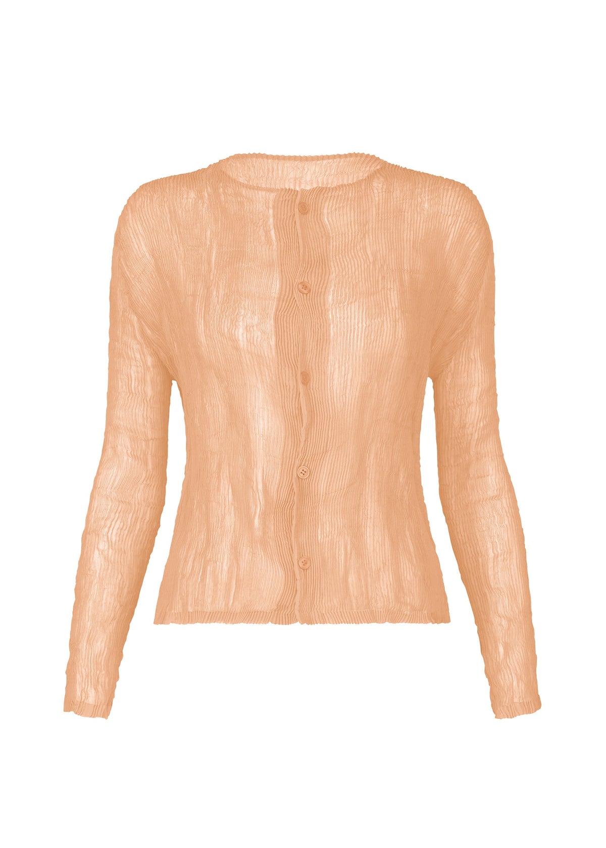 Zoomed view The ISSEY MIYAKE CHIFFON TWIST 2 is a sheer, peach long-sleeve blouse with crinkled texture, round neckline, and five front buttons. - LIGHT PINK （no.21）