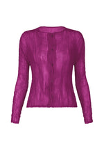 The ISSEY MIYAKE CHIFFON TWIST 2 is a sheer magenta, long-sleeve button-up blouse with a crinkled texture, shown on a white background. - PURPLE （no.81）