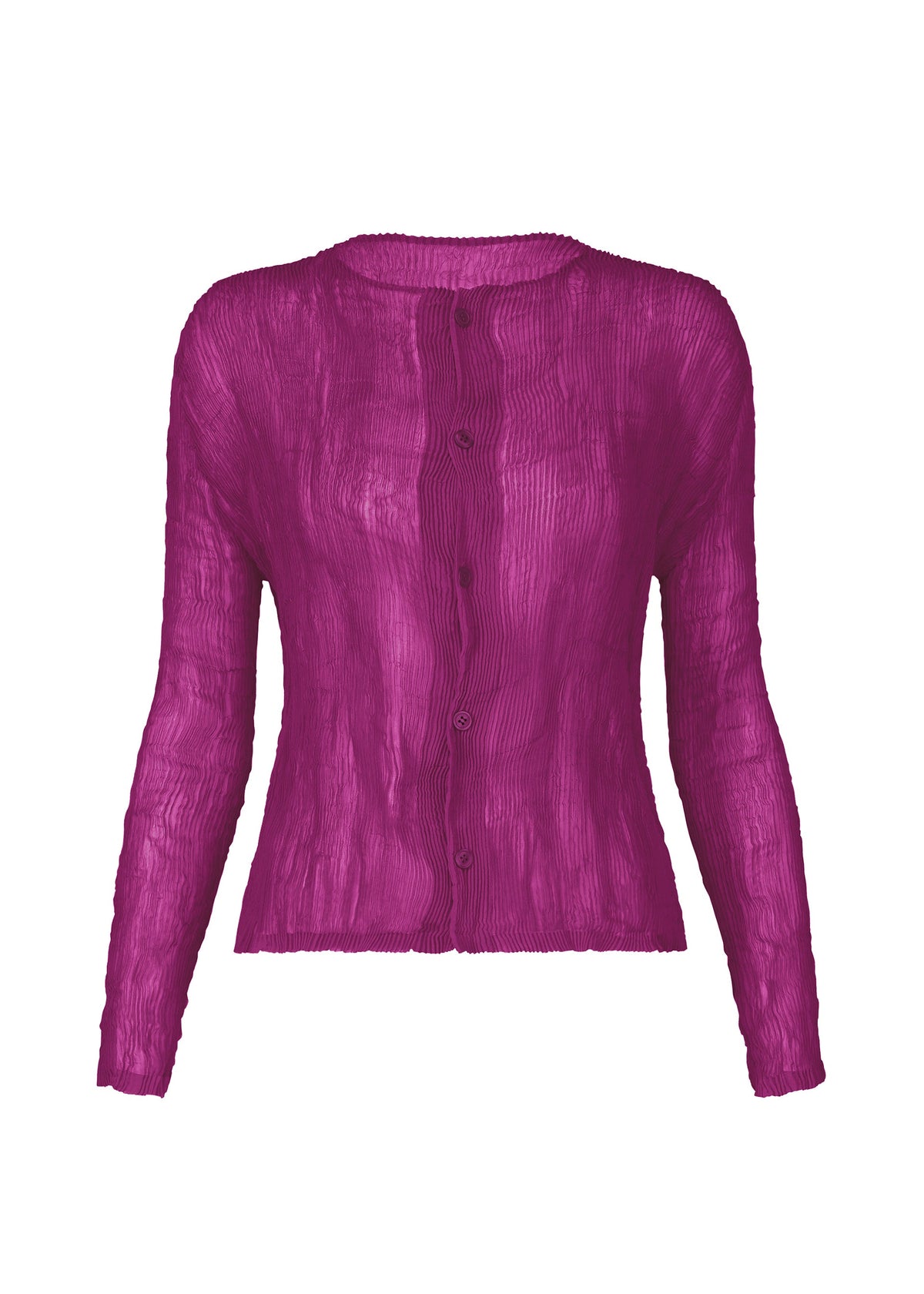 Zoomed view The ISSEY MIYAKE CHIFFON TWIST 2 is a sheer magenta, long-sleeve button-up blouse with a crinkled texture, shown on a white background. - PURPLE （no.81）