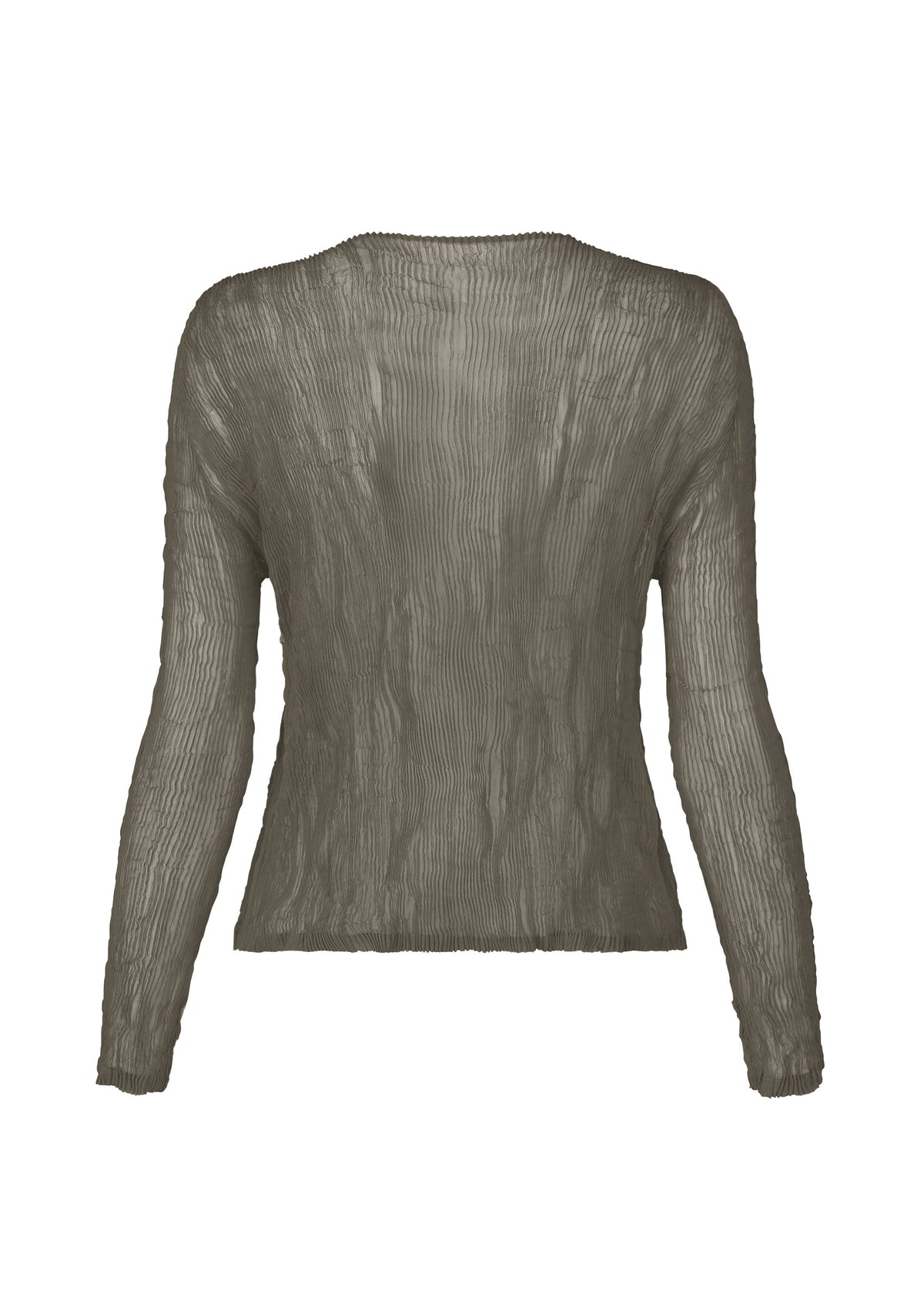 The ISSEY MIYAKE CHIFFON TWIST 2 is a long-sleeve, sheer taupe pleated cardigan with a crinkled texture, pictured from the back on a white background. view 4 of 7
