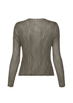 The ISSEY MIYAKE CHIFFON TWIST 2 is a long-sleeve, sheer taupe pleated cardigan with a crinkled texture, pictured from the back on a white background.