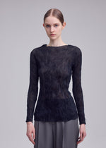 ISSEY MIYAKE CHIFFON TWIST BK/WT long-sleeved, black, sheer pleated top with a boat neckline crafted from recycled polyester.