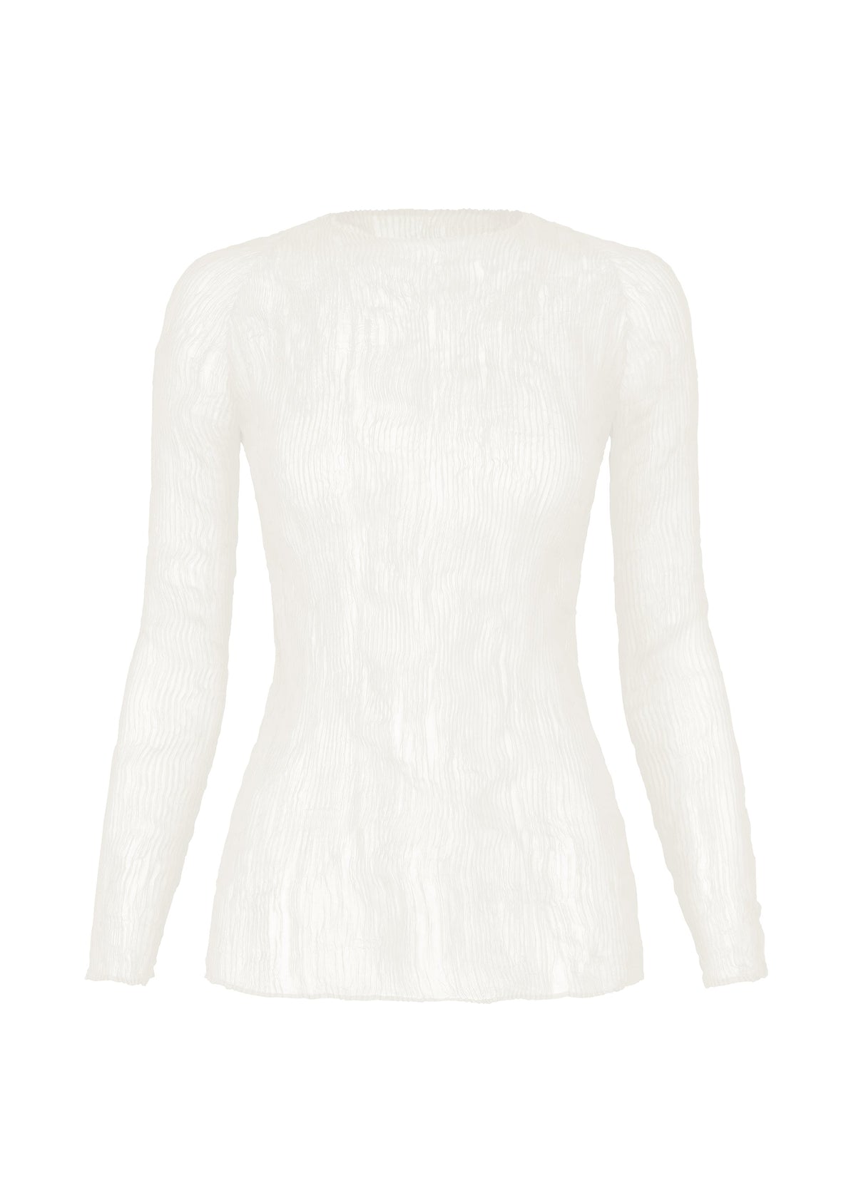 CHIFFON TWIST BK/WT long-sleeved, semi-sheer white top in a vertical pleated texture. view 1 of 5