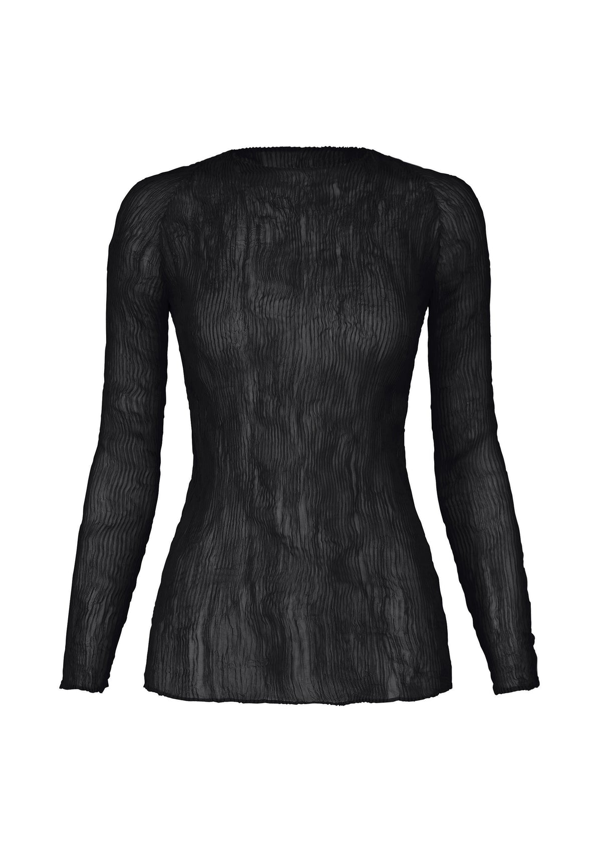 Zoomed view CHIFFON TWIST BK/WT black long-sleeved crew-neck top in a sheer, vertically pleated recycled polyester fabric. - BLACK （no.15）