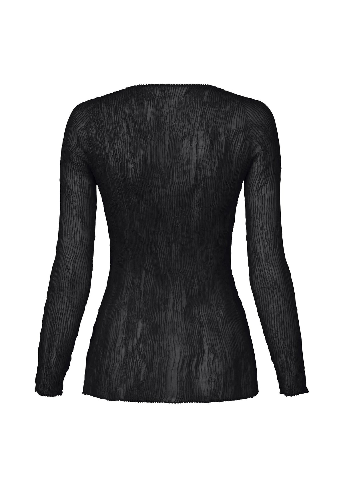 Back view of an ISSEY MIYAKE CHIFFON TWIST BK/WT long-sleeved, black pleated top with a vertical, crinkled texture. view 3 of 5
