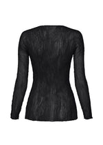 Back view of an ISSEY MIYAKE CHIFFON TWIST BK/WT long-sleeved, black pleated top with a vertical, crinkled texture.
