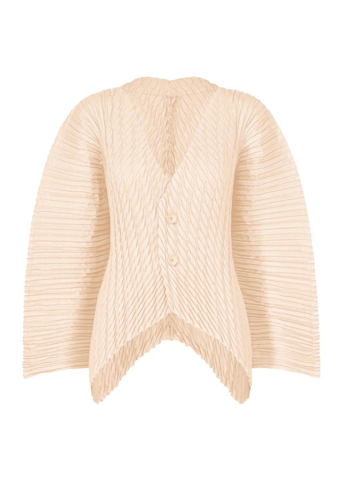 The UNFURLING PLEATS blouse by ISSEY MIYAKE is cream-colored with Keshi pleats, wide cape-like sleeves, a V-neck with three buttons, an asymmetrical hem, and textured rippled fabric that resembles diagonal pleating. view 1 of 7