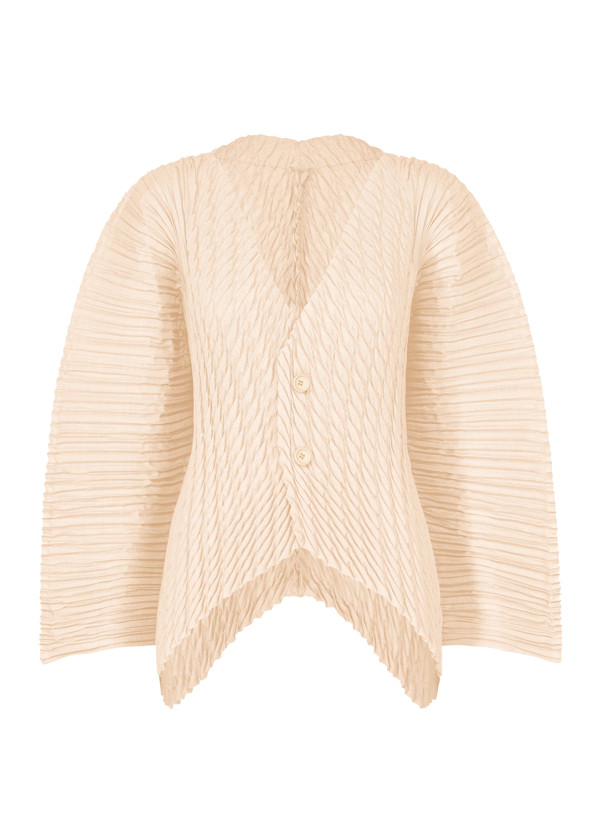 Zoomed view The UNFURLING PLEATS blouse by ISSEY MIYAKE is cream-colored with Keshi pleats, wide cape-like sleeves, a V-neck with three buttons, an asymmetrical hem, and textured rippled fabric that resembles diagonal pleating. - OFF-WHITE （no.02）