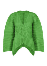 The UNFURLING PLEATS blouse by ISSEY MIYAKE features Keshi pleats, a crinkled green texture, wide sleeves, asymmetrical hem, V-neckline with two front buttons, and a chic linen-like cardigan style. - GREEN （no.62）