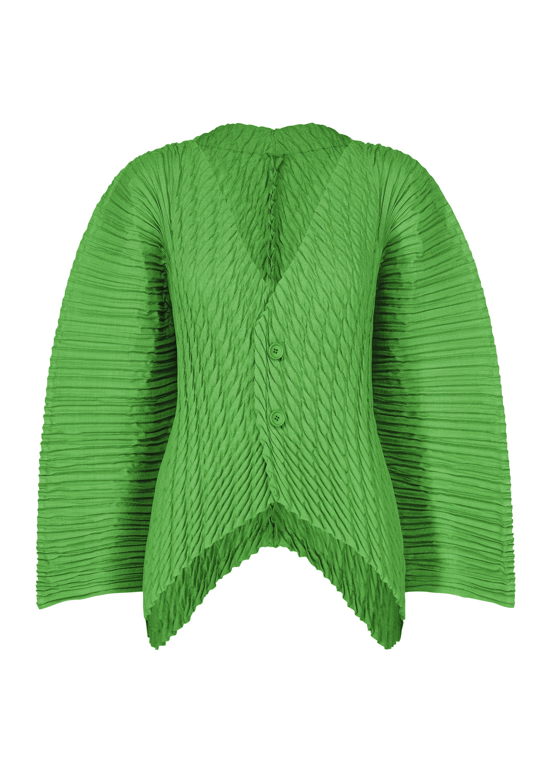 Zoomed view The UNFURLING PLEATS blouse by ISSEY MIYAKE features Keshi pleats, a crinkled green texture, wide sleeves, asymmetrical hem, V-neckline with two front buttons, and a chic linen-like cardigan style. - GREEN （no.62）