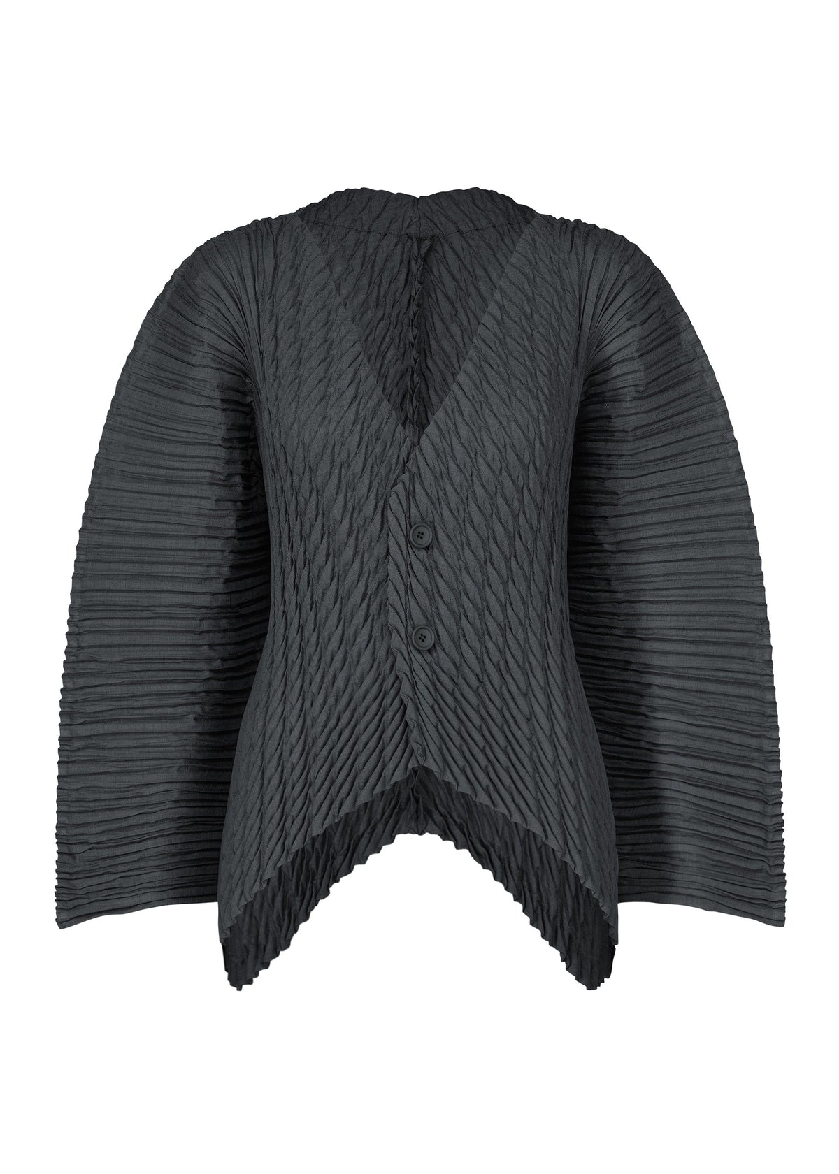 The UNFURLING PLEATS jacket by ISSEY MIYAKE features black, textured diagonal pleating, wide structured sleeves, a V-neckline, two front buttons, and an asymmetrical hem. view 3 of 7
