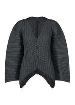 The UNFURLING PLEATS jacket by ISSEY MIYAKE features black, textured diagonal pleating, wide structured sleeves, a V-neckline, two front buttons, and an asymmetrical hem. - DARK NAVY （no.78）