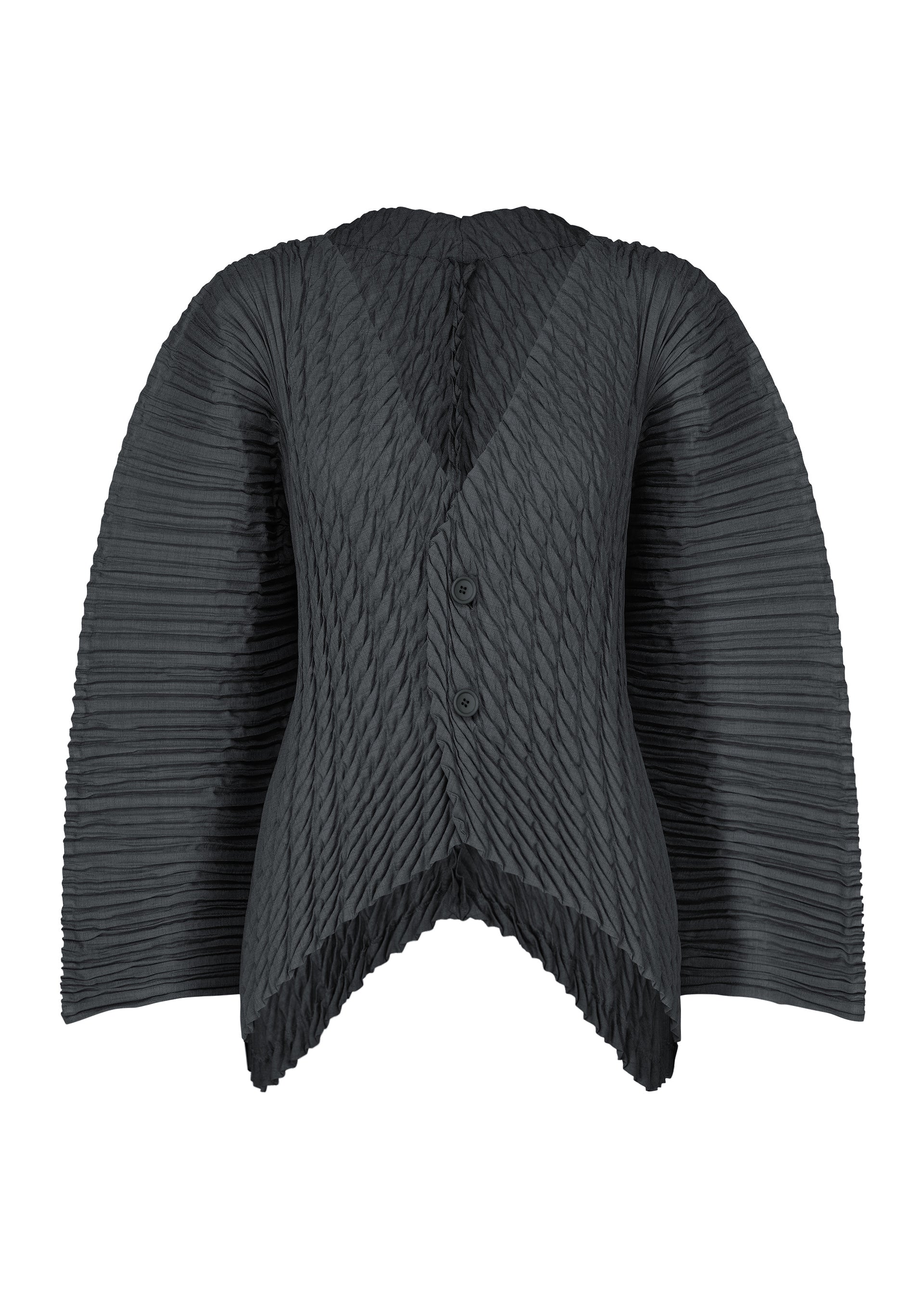 Zoomed view The UNFURLING PLEATS jacket by ISSEY MIYAKE features black, textured diagonal pleating, wide structured sleeves, a V-neckline, two front buttons, and an asymmetrical hem. - DARK NAVY （no.78）