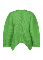 The ISSEY MIYAKE UNFURLING PLEATS jacket features bright green, Keshi and diagonal pleats with wide sleeves and an asymmetric hemline. Its linen-like fabric creates a rippled, sculptural look throughout the garment.