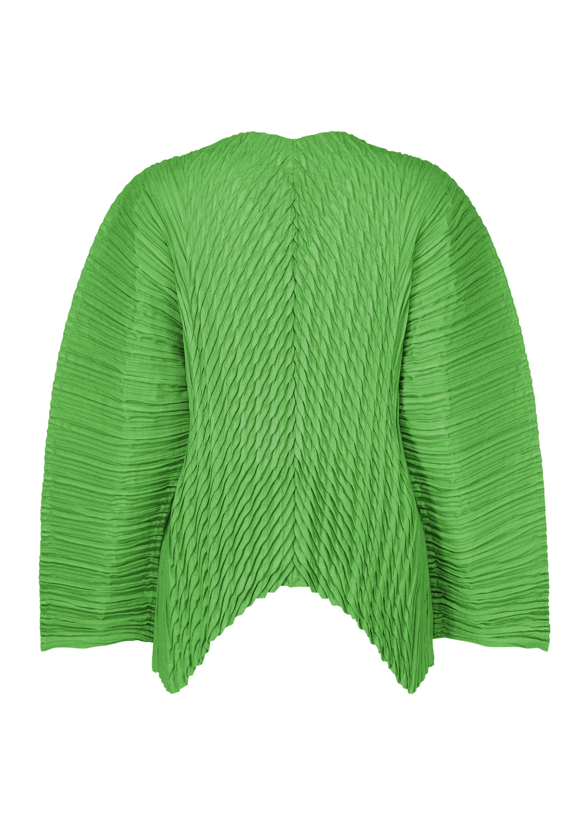 Zoomed view The ISSEY MIYAKE UNFURLING PLEATS jacket features bright green, Keshi and diagonal pleats with wide sleeves and an asymmetric hemline. Its linen-like fabric creates a rippled, sculptural look throughout the garment.