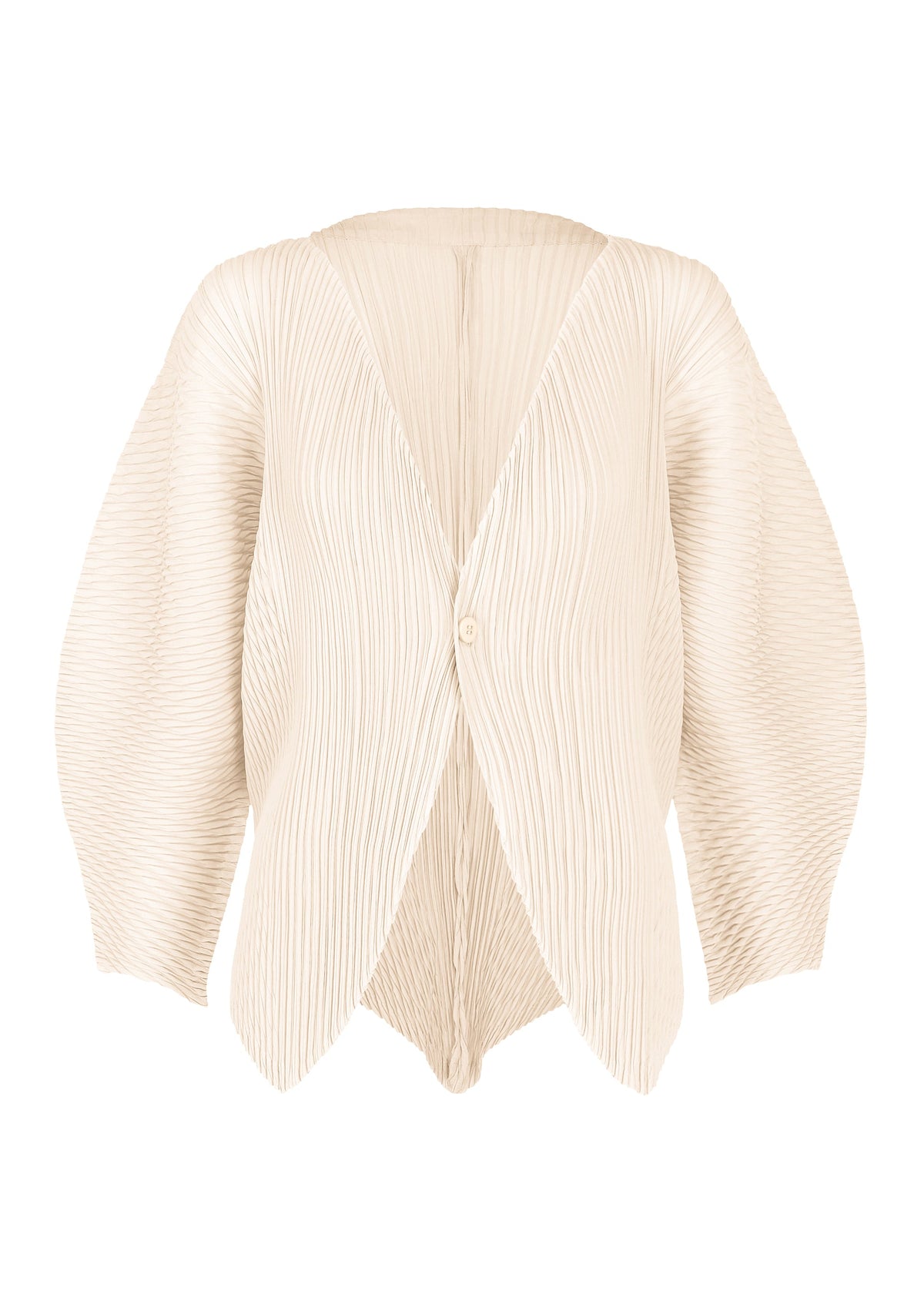 The LEAF PLEATS cardigan by ISSEY MIYAKE is a cream-colored piece featuring wide, sculptural sleeves, a V-neckline, and a single front button closure. Its double-pleated fabric showcases vertical ridges that lend the cardigan a textured and structured look. view 1 of 7