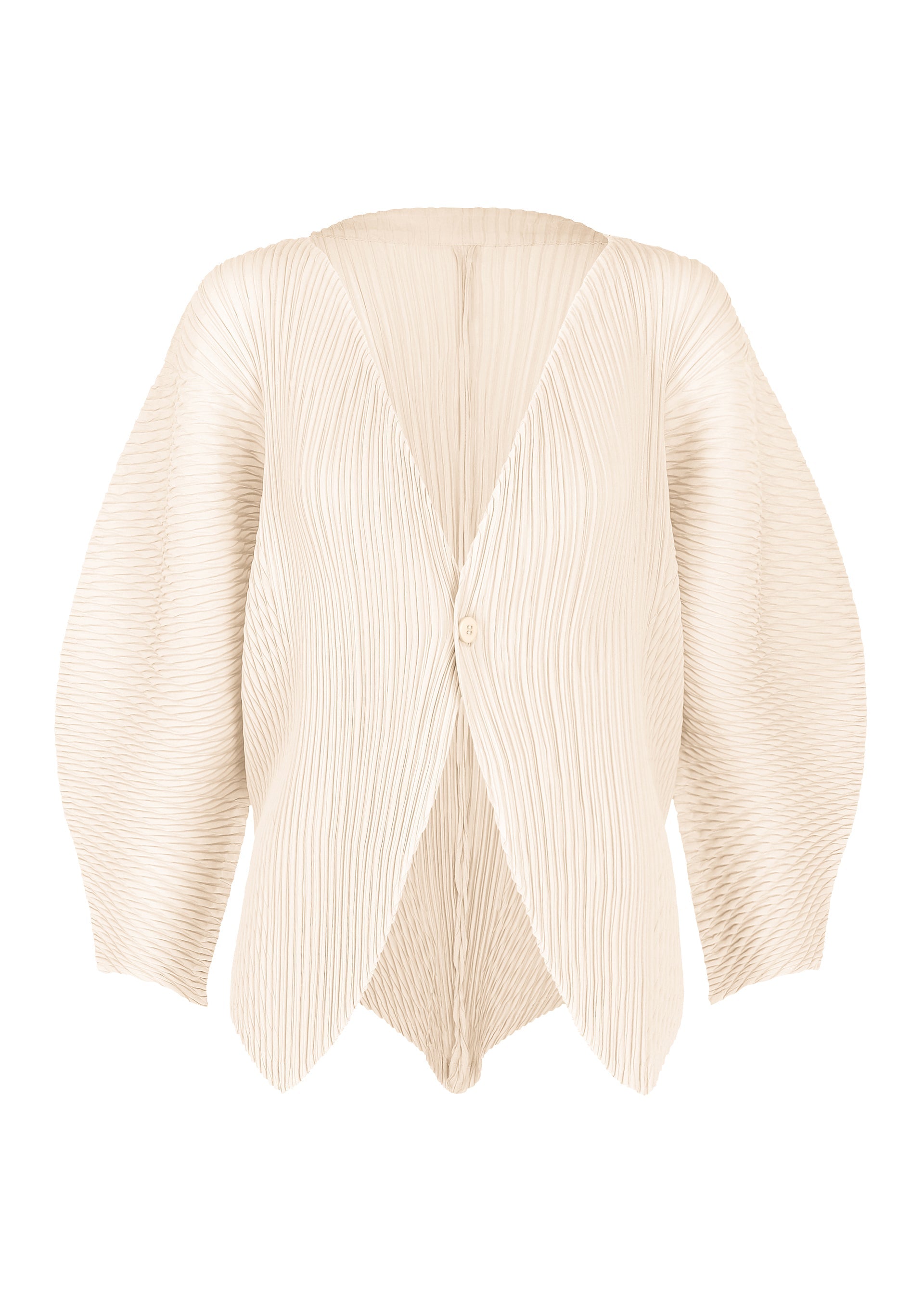 Zoomed view The LEAF PLEATS cardigan by ISSEY MIYAKE is a cream-colored piece featuring wide, sculptural sleeves, a V-neckline, and a single front button closure. Its double-pleated fabric showcases vertical ridges that lend the cardigan a textured and structured look. - OFF-WHITE （no.02）