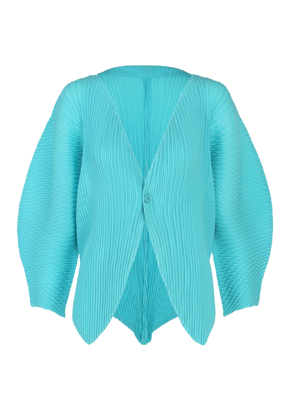 The LEAF PLEATS cardigan by ISSEY MIYAKE features a turquoise pleated design with wide, sculptural sleeves and a single front button closure, highlighted by an angular, asymmetric hem that evokes the silhouette of a leaf. view 2 of 7