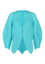 The LEAF PLEATS cardigan by ISSEY MIYAKE features a turquoise pleated design with wide, sculptural sleeves and a single front button closure, highlighted by an angular, asymmetric hem that evokes the silhouette of a leaf. - LIGHT BLUE （no.71）