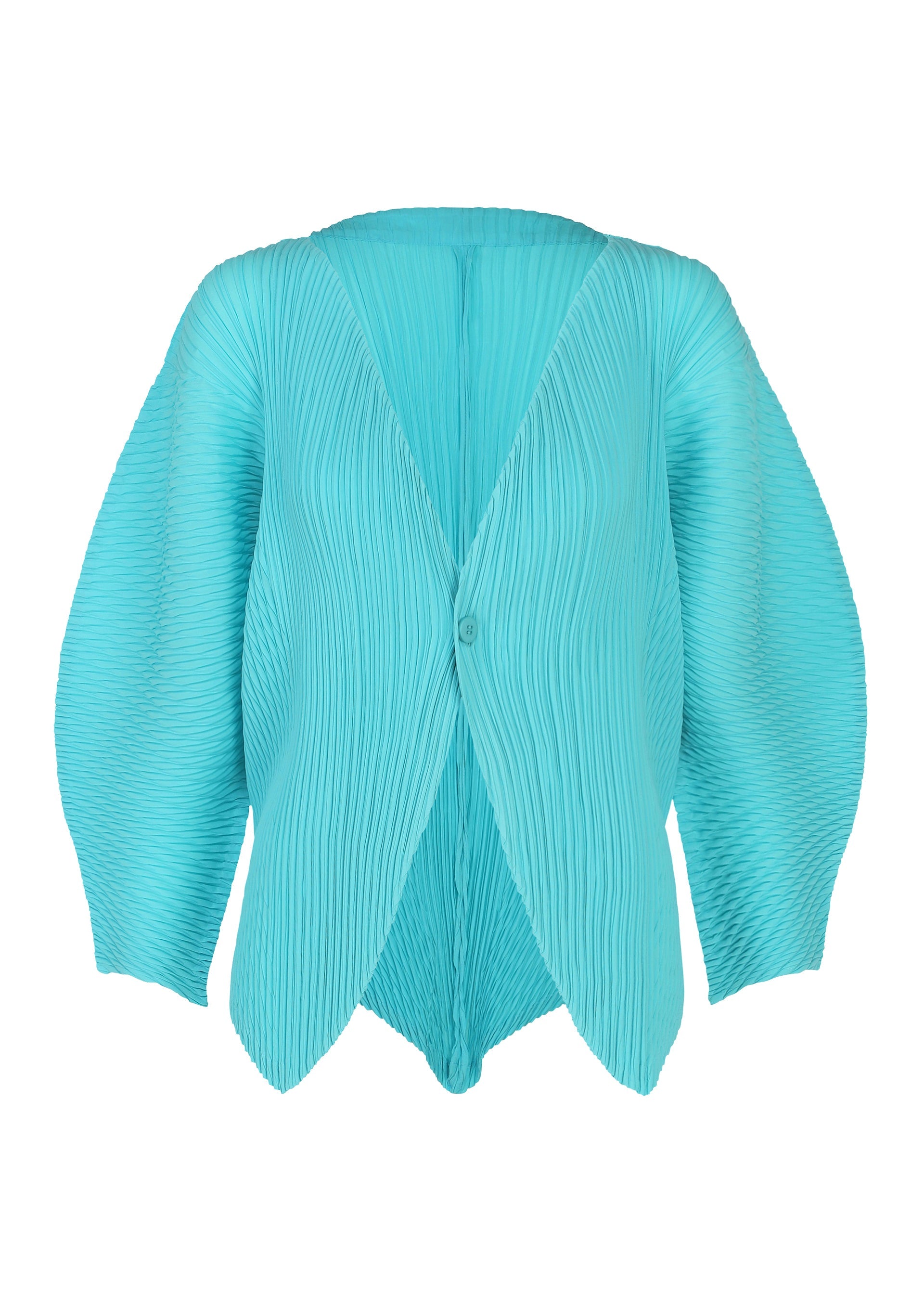 Zoomed view The LEAF PLEATS cardigan by ISSEY MIYAKE features a turquoise pleated design with wide, sculptural sleeves and a single front button closure, highlighted by an angular, asymmetric hem that evokes the silhouette of a leaf. - LIGHT BLUE （no.71）
