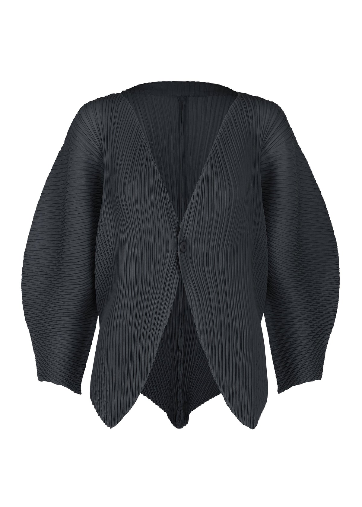 Introducing the LEAF PLEATS cardigan by ISSEY MIYAKE: a black, pleated design featuring voluminous sleeves, a deep V-neckline, and a single front button. The fabric showcases vertical textured lines that evoke the signature pleats characteristic of ISSEY MIYAKE. view 3 of 7